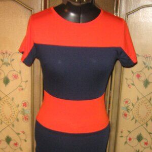 VTG Y2K STYLE BY SHEZ Colorblock Full Zip Navy Orange Stretch Pencil Dress XS S